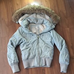 TNA Light Blue Hooded Puffer Jacket with Faux Fur Trim